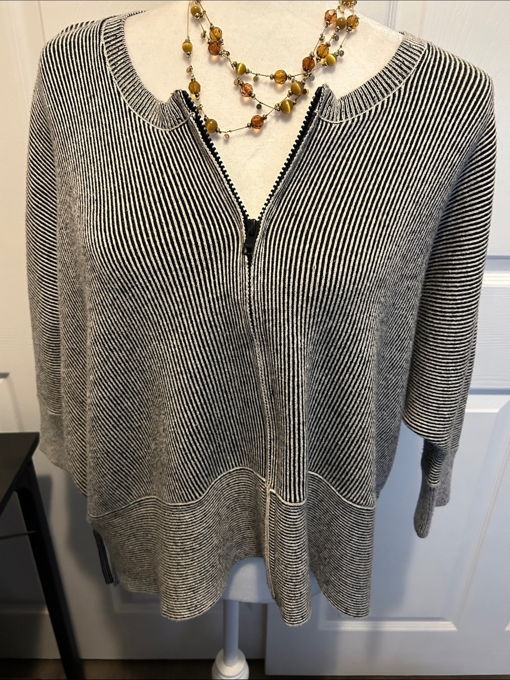 CAbi Black and White Striped Zip Cardigan